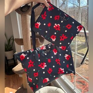 kate spade Bleeker Dotty Floral navy red floral tote and wristlet set